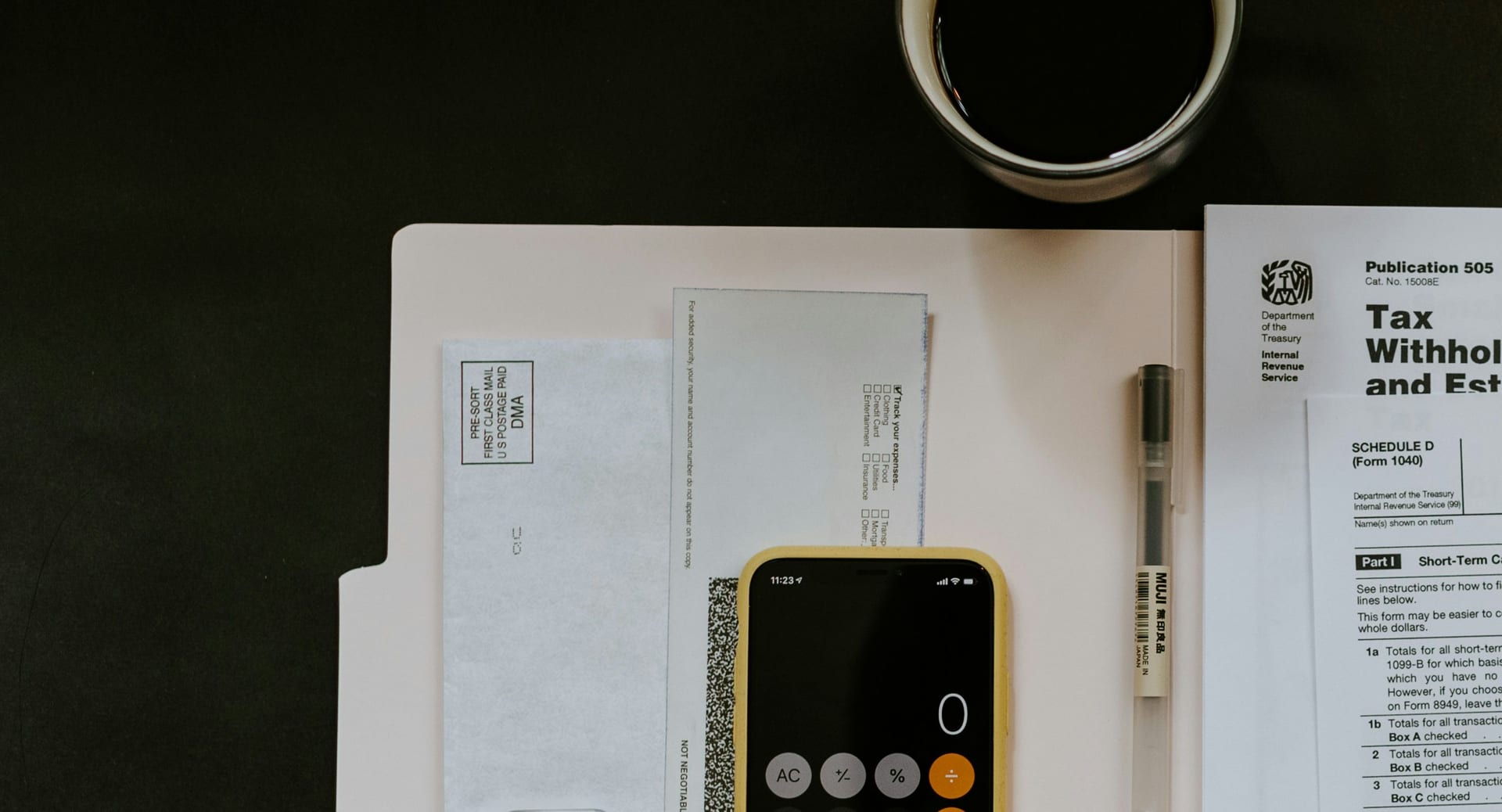Documentos fiscales, una publicación del IRS, una calculadora y una taza de café sobre un escritorio